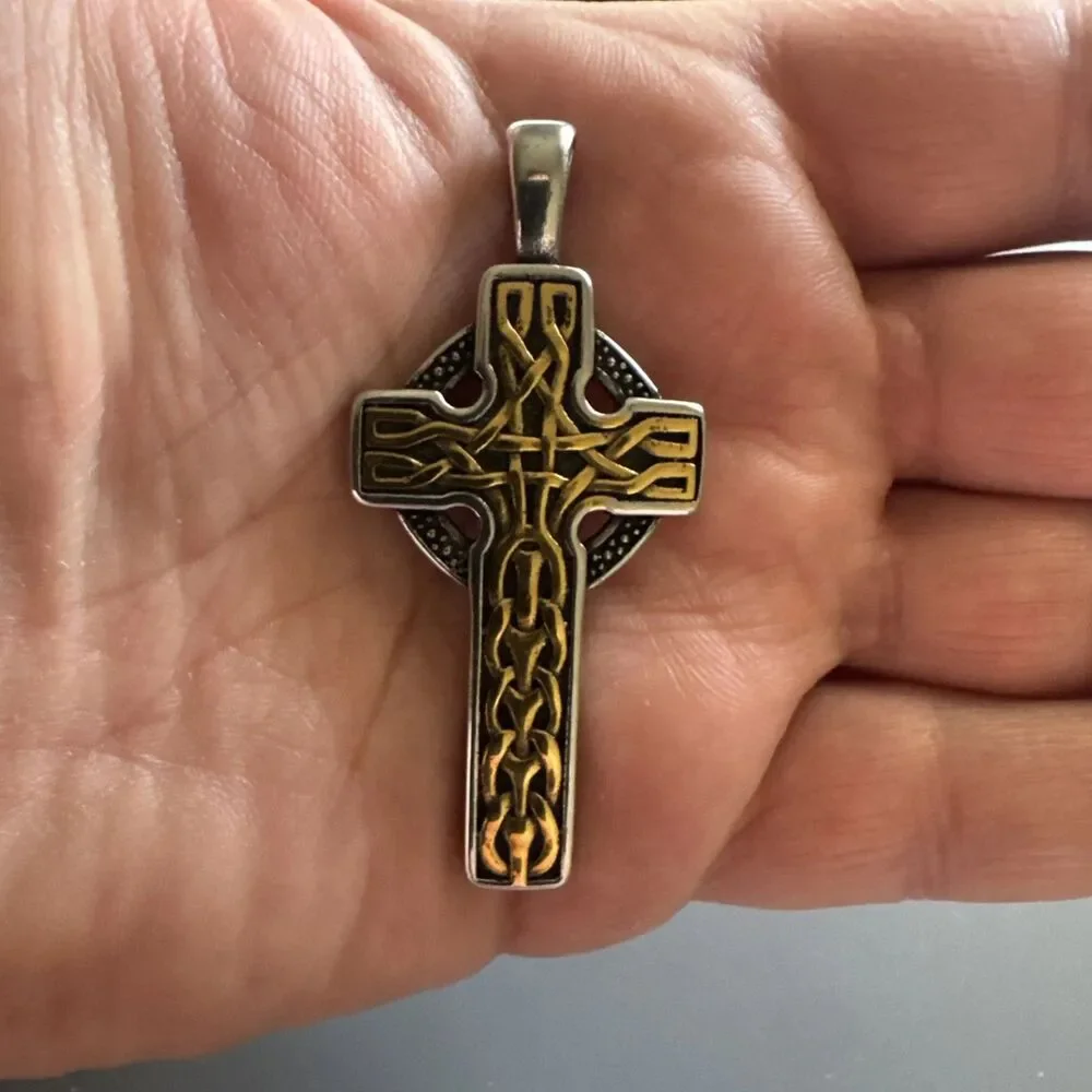 Celtic Cross Pendant Halo Gold/Silver Stainless Steel 24 Inch Chain Unisex Gift